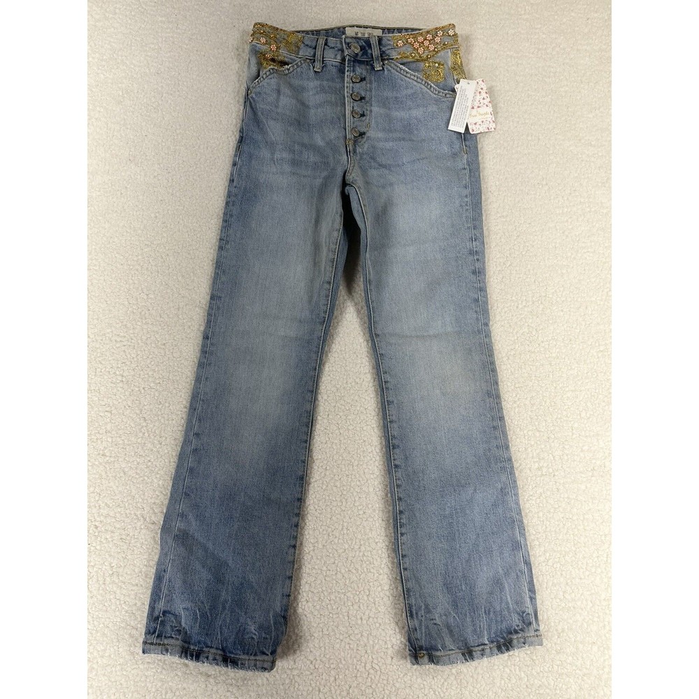 NWT Free People We The Free Women Sz 24 Blue‎ Embellished Fly Button Denim Jeans